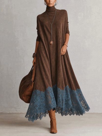 Solène | Robe longue à manches longues et ourlet en dentelle, effet daim marron vintage