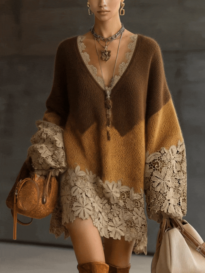 Lotus | Mini-robe oversize à manches longues en maille dentelle, effet ombré marron
