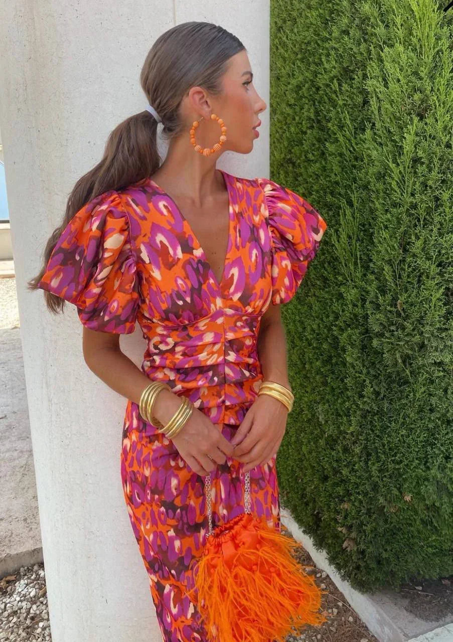 Anaëlle | Robe satinée à manches bouffantes