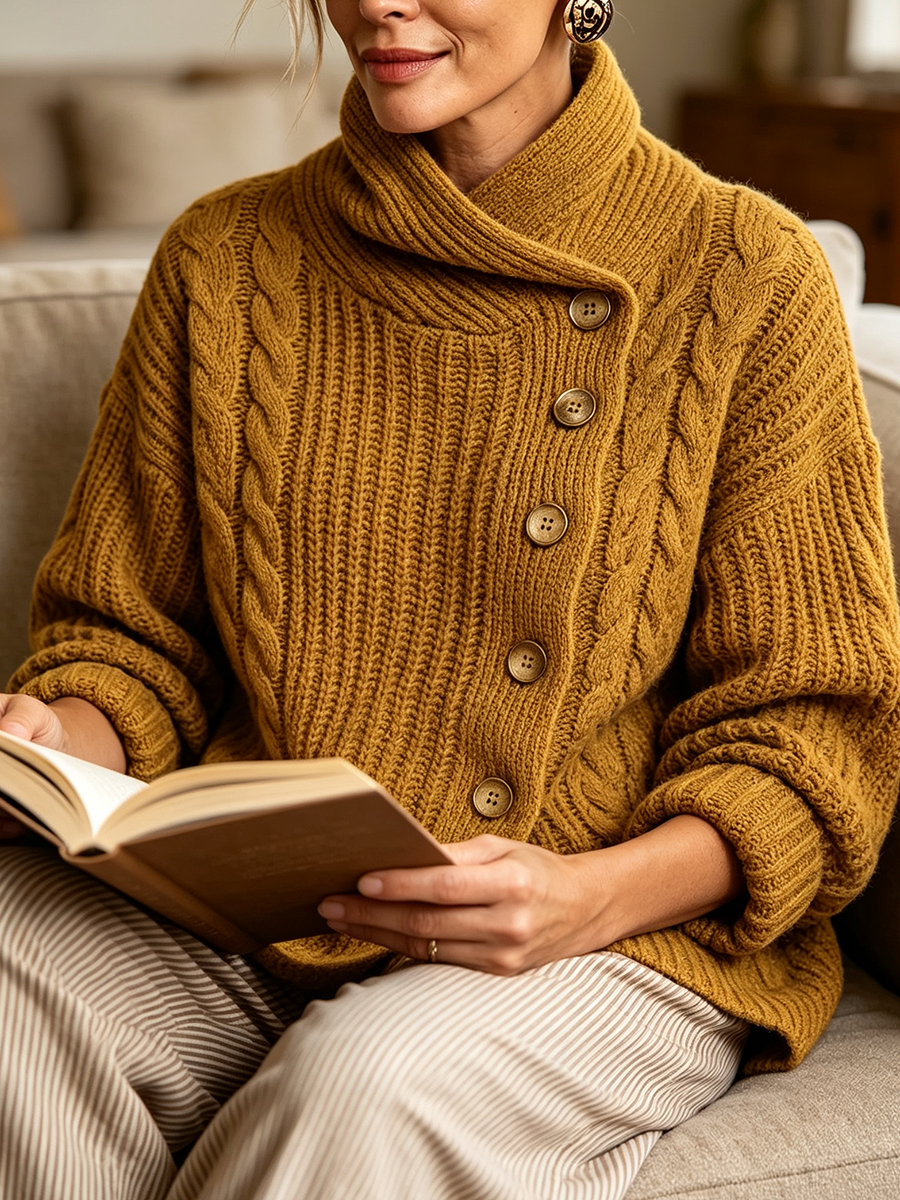 Tullia | Cardigan en maille torsadée à fermeture asymétrique, couleur moutarde