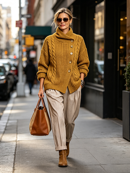Tullia | Cardigan en maille torsadée à fermeture asymétrique, couleur moutarde