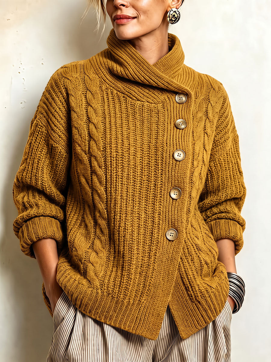 Tullia | Cardigan en maille torsadée à fermeture asymétrique, couleur moutarde