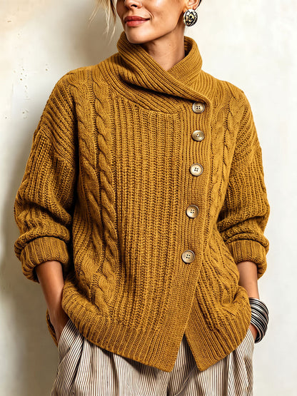 Tullia | Cardigan en maille torsadée à fermeture asymétrique, couleur moutarde