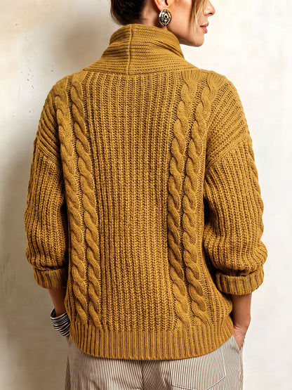 Tullia | Cardigan en maille torsadée à fermeture asymétrique, couleur moutarde