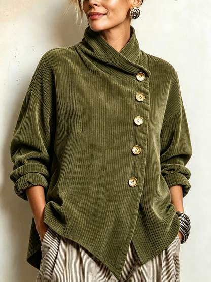 Lucilla | Haut en velours à volants avec boutonnage en diagonale, vert olive