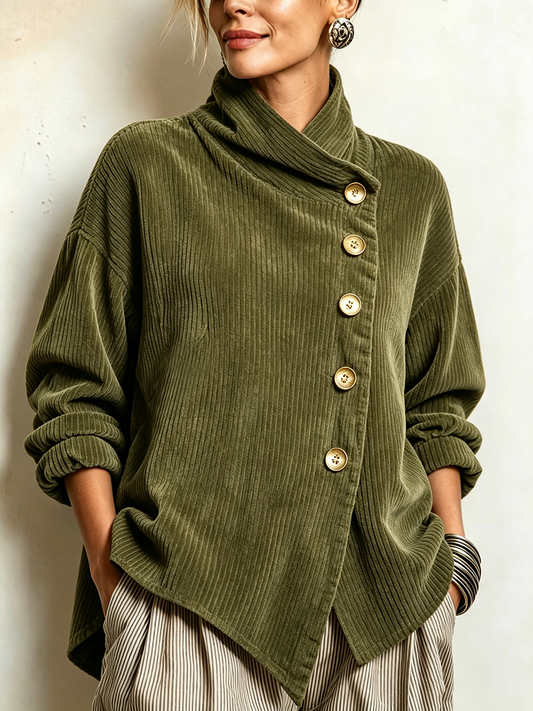 Lucilla | Haut en velours à volants avec boutonnage en diagonale, vert olive