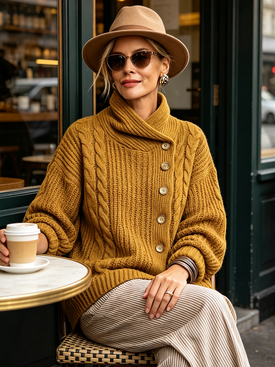 Tullia | Cardigan en maille torsadée à fermeture asymétrique, couleur moutarde