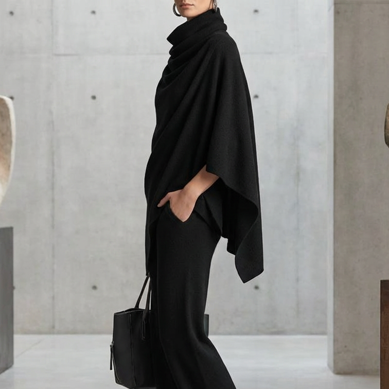 Elena | Ensemble composé d'un haut type cape à col en cascade et d'un pantalon à jambes larges
