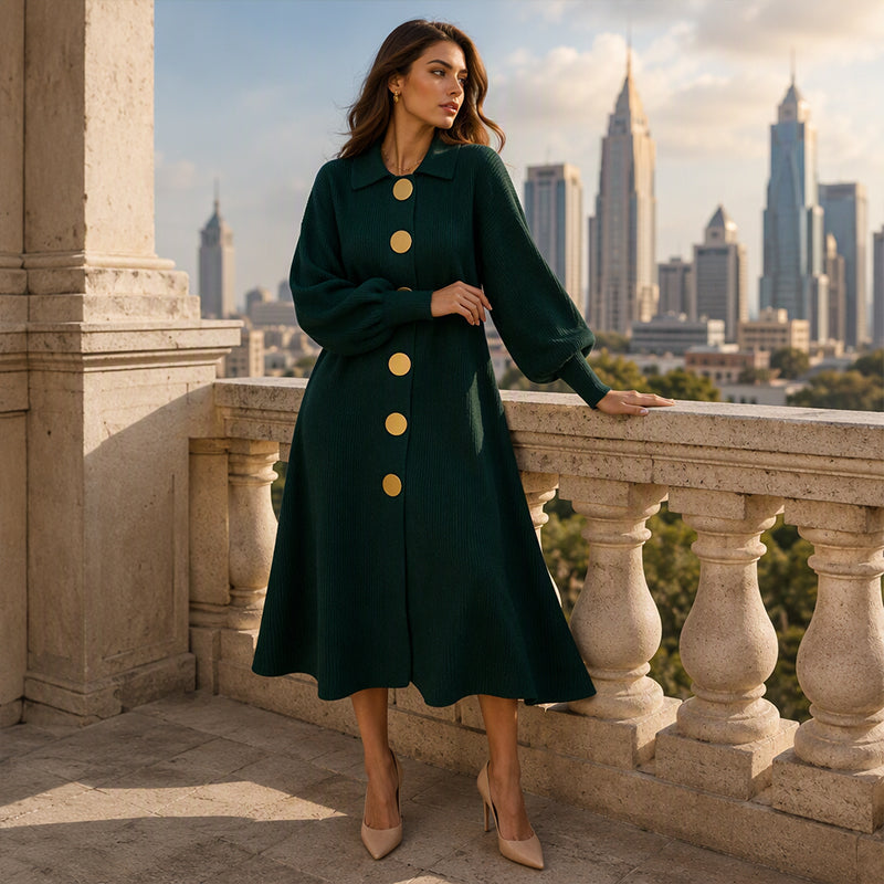 Emy | Robe longue élégante pour femme, avec des boutons et des manches bouffantes